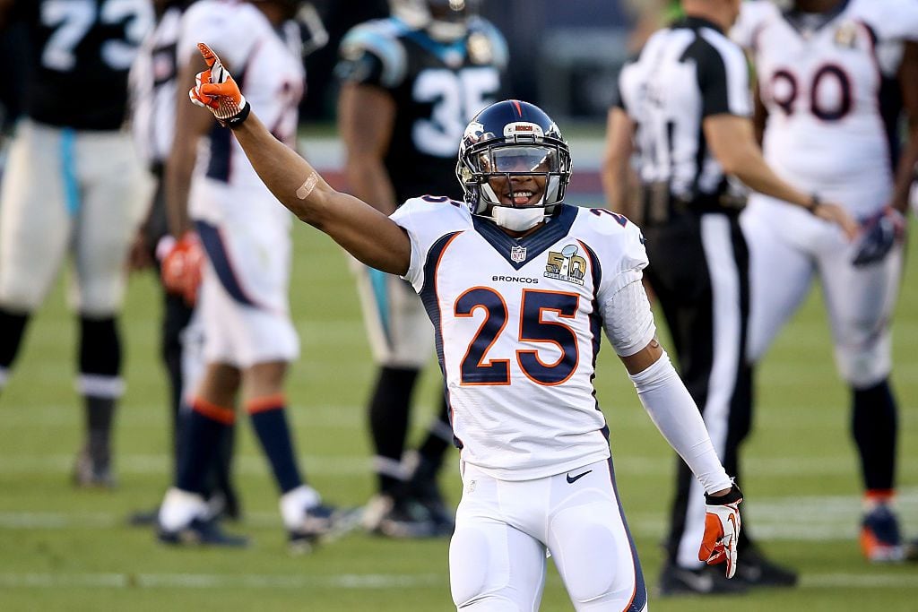 SANTA CLARA, CA - FEBRUARY 07: Chris Harris Jr. #25 of the Denver Broncos reacts after...