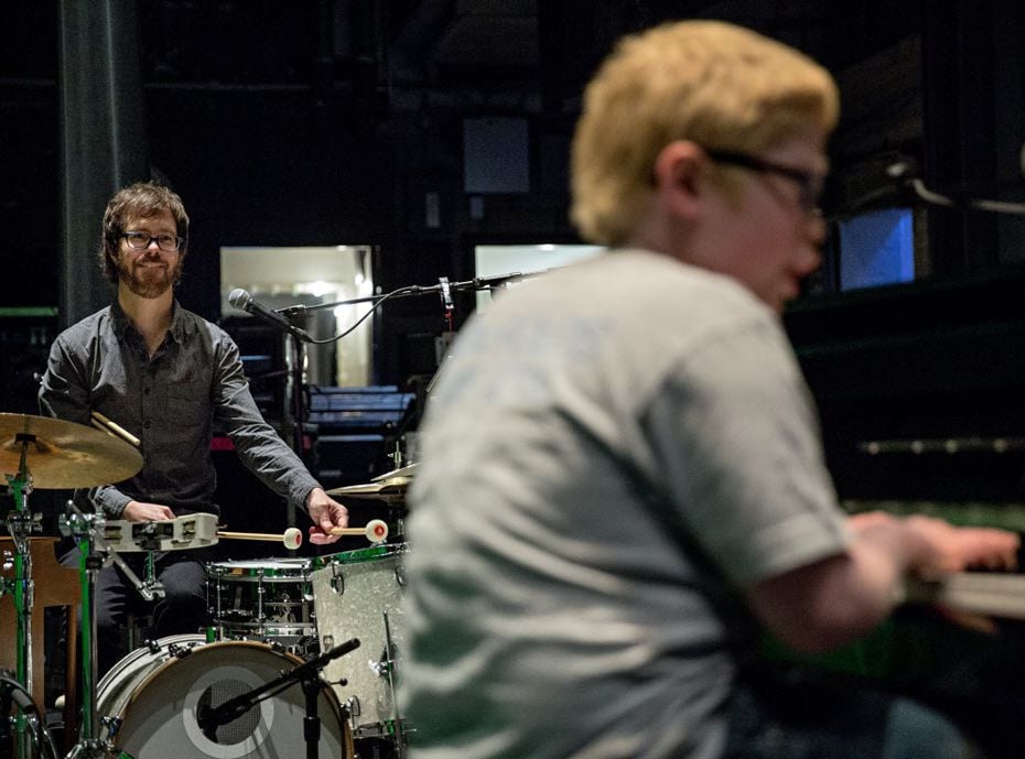 Ben Folds (left) smiles as he plays the drums along with Ben Schneider at the Majestic Theatre.