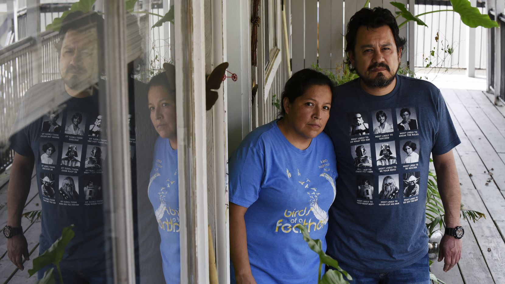 Aurora Salazar and her husband Alberto Hernandez outside their apartment in Dallas, April 07, 2020. Aurora is a mother of four who has been out of a job for a few weeks, and her husband's hours at work have declined since the coronavirus.