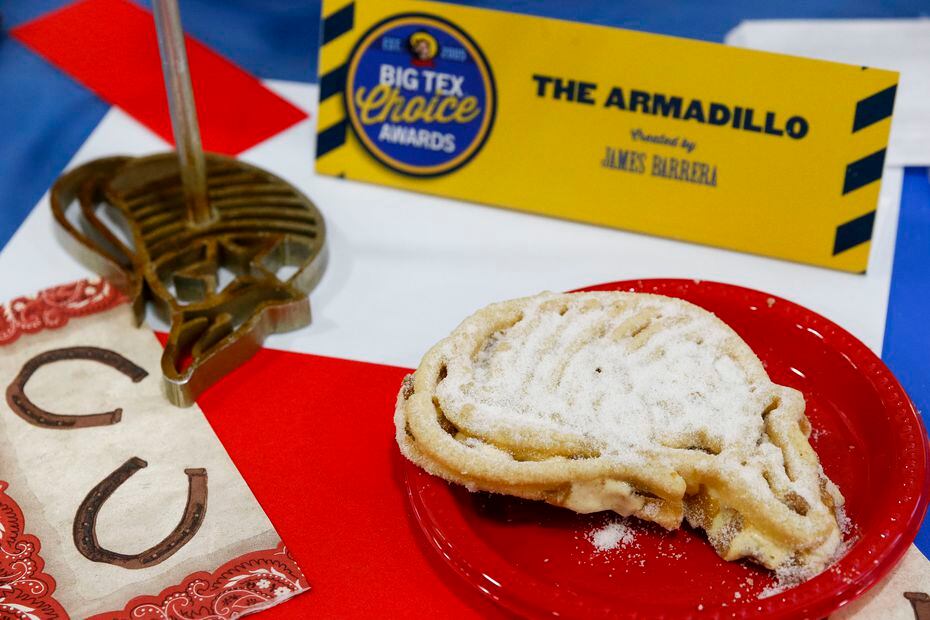 Concessionaire James Barrera has served fried ice cream at his State Fair booth since 2005. He's back with another fried ice cream dish in 2021. The Armadillo is bigger than it looks: It's the size of two outstretched hands and is made with two fried sugar cookie fritters on the outside, cookie butter ice cream in the middle.