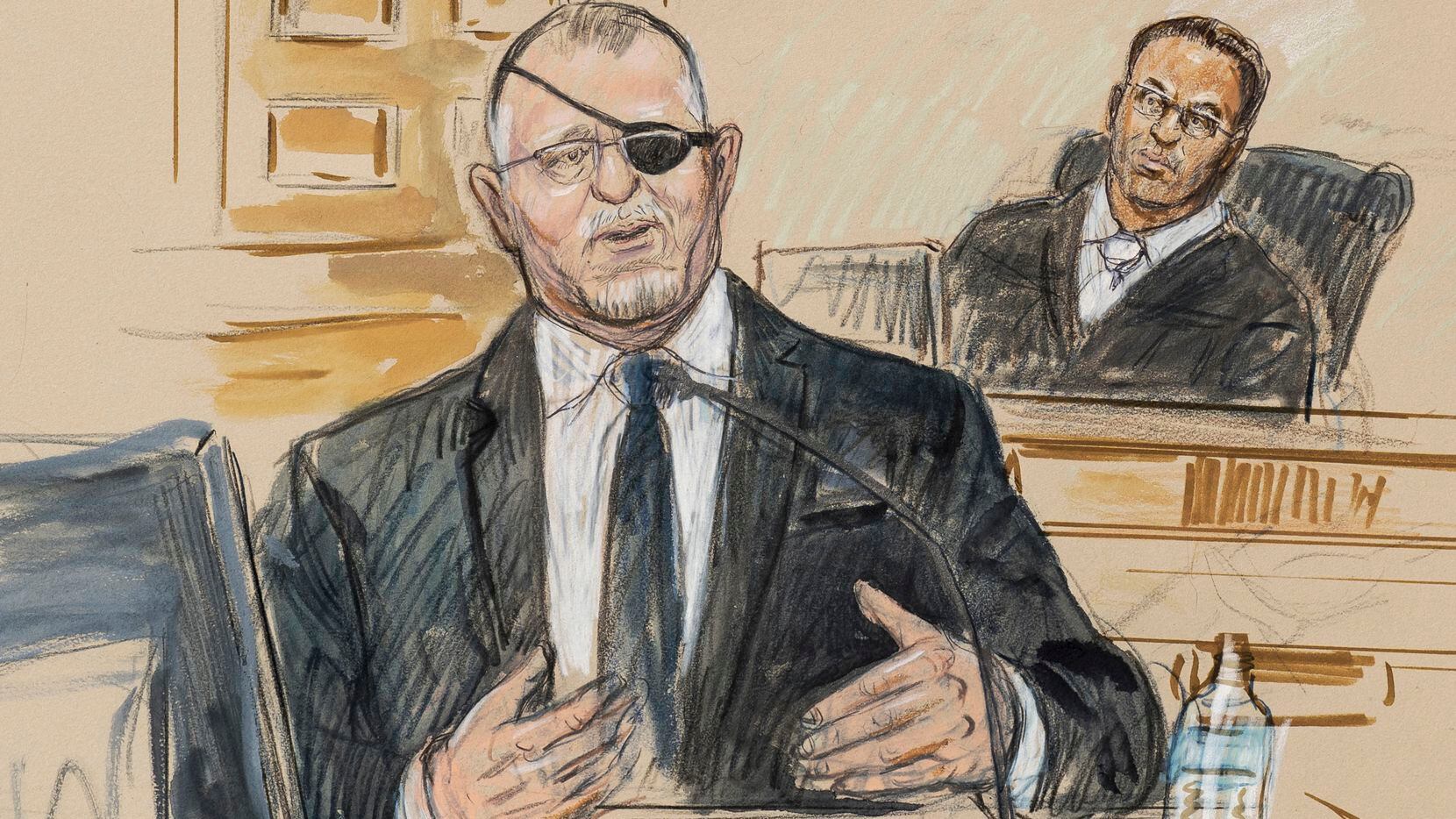 This artist sketch depicts Oath Keepers leader Stewart Rhodes, left, as he testifies at his...