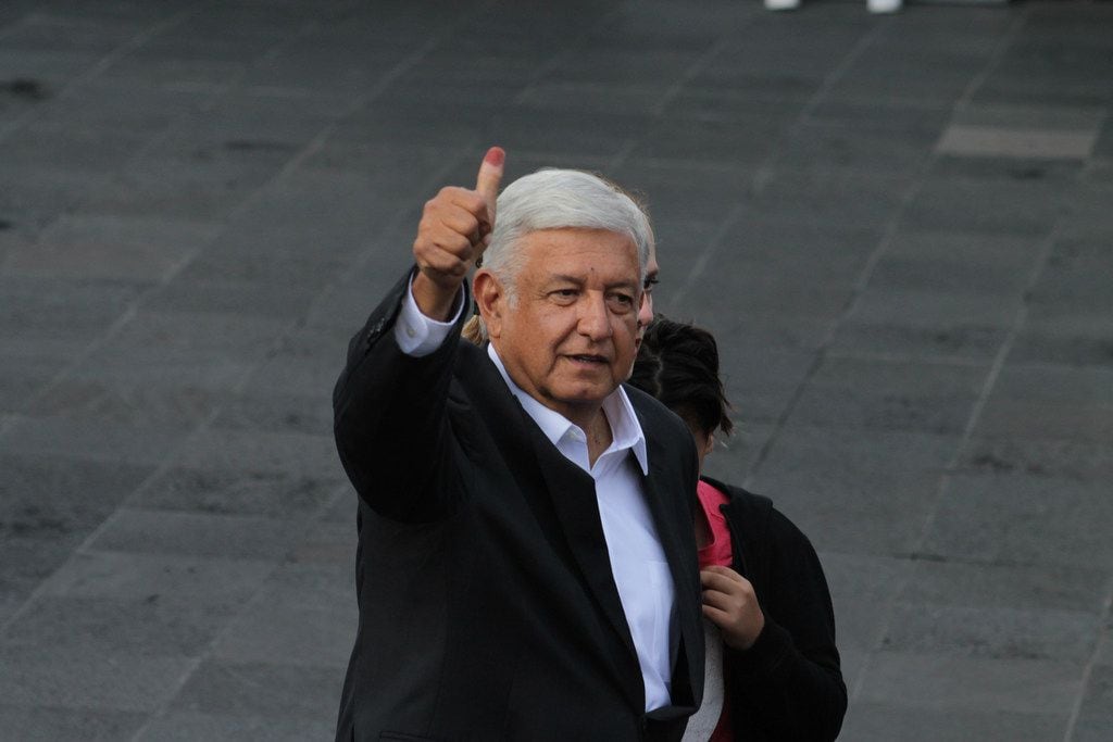 Andres Manuel Lopez Obrador  gives a thumbs-up after casting his vote on July 1, 2018 in...