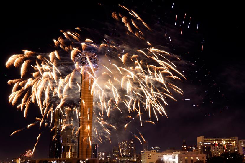Reunion Tower in downtown Dallas will welcome 2024 with fireworks and a drone show on New...