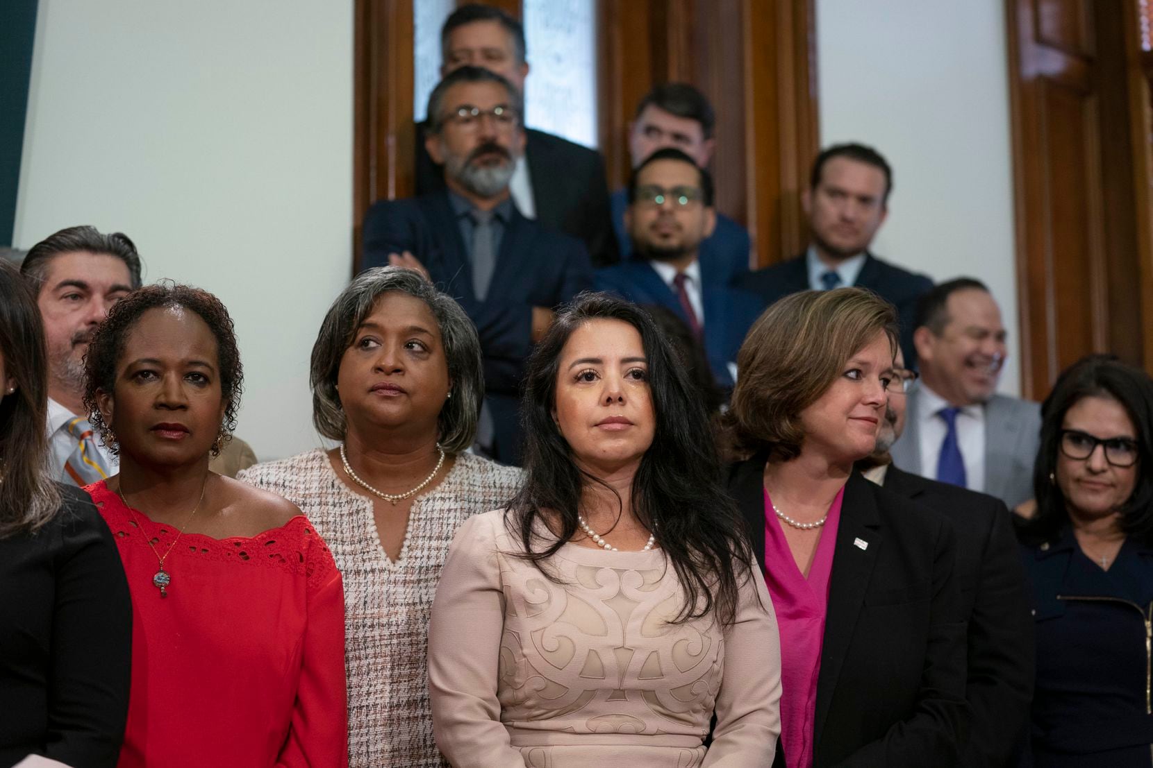 Democratic State Reps. Cheryl Cole, D-Austin, Rhetta Bowers, D-Rowlett, Victoria Neave, D-Dallas, and Re. Ann Johnson, D-Houston, listen to the press conference on the first day of the special session on July 8, 2021. (Bob Daemmrich/CapitolPressPhoto)