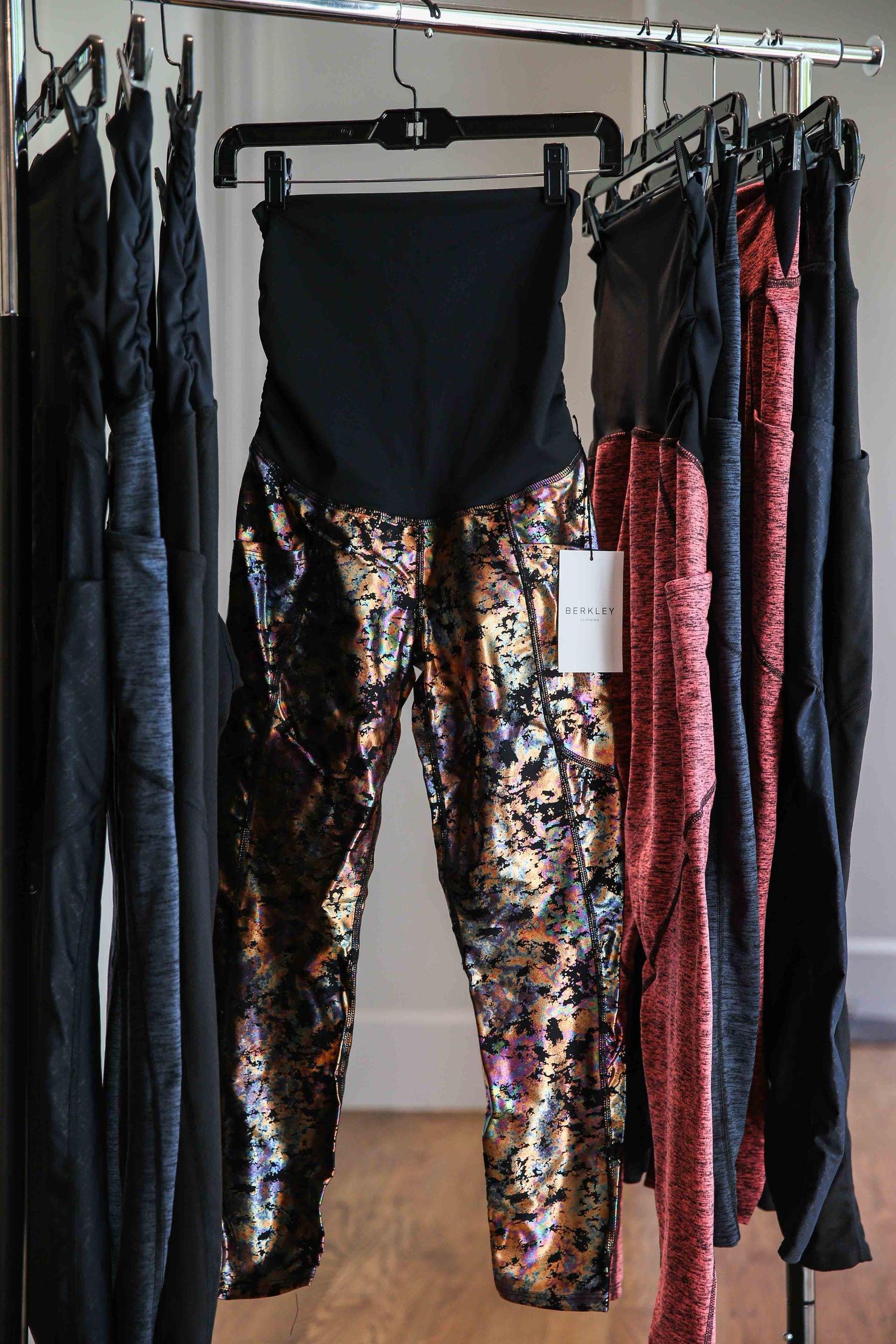Berkley Clothing sells two styles of leggings designed to be worn throughout pregnancy. Both...