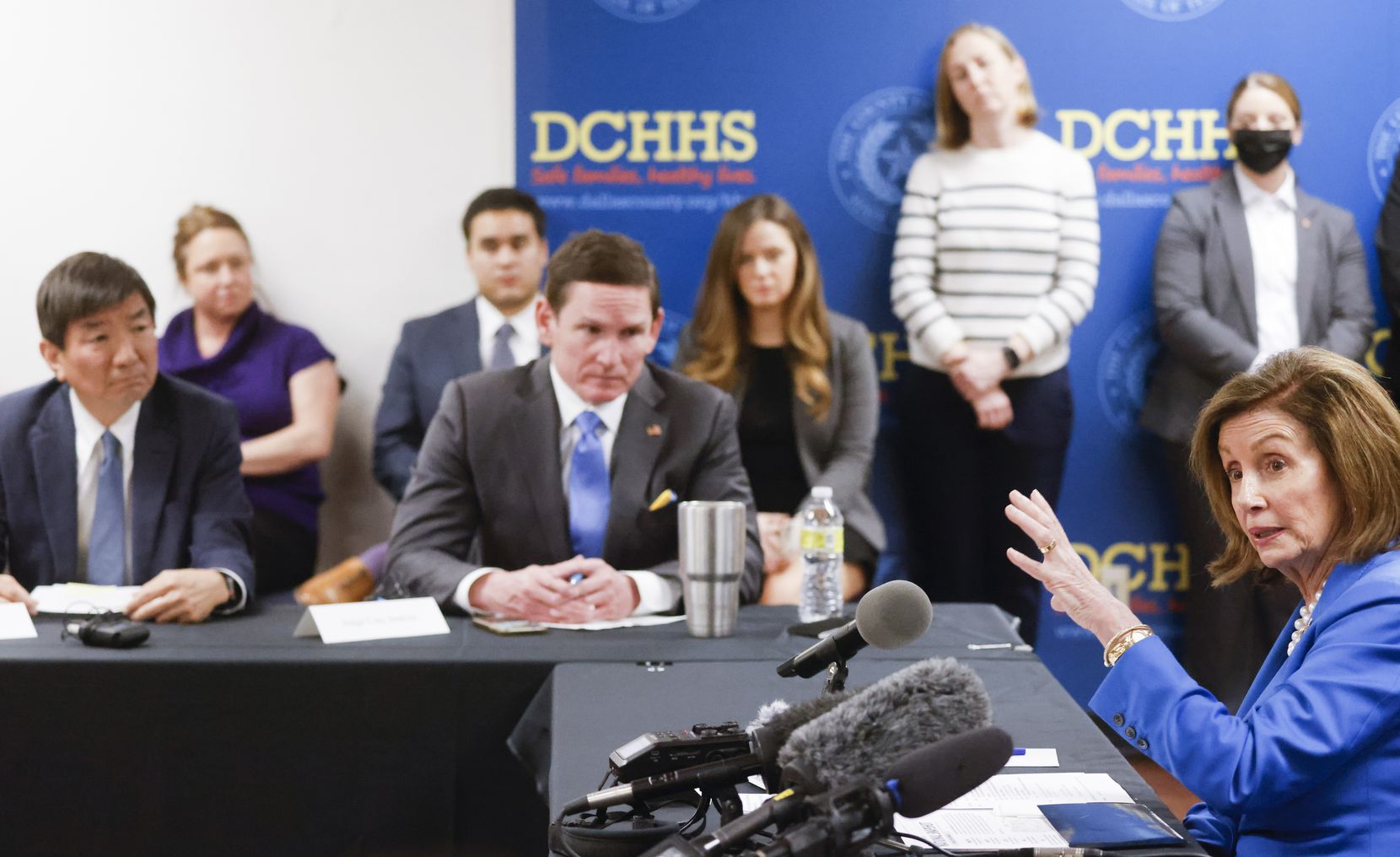 House Speaker Nancy Pelosi of Calif., speaks as Dr. Philip Huang, Dallas County Health and...