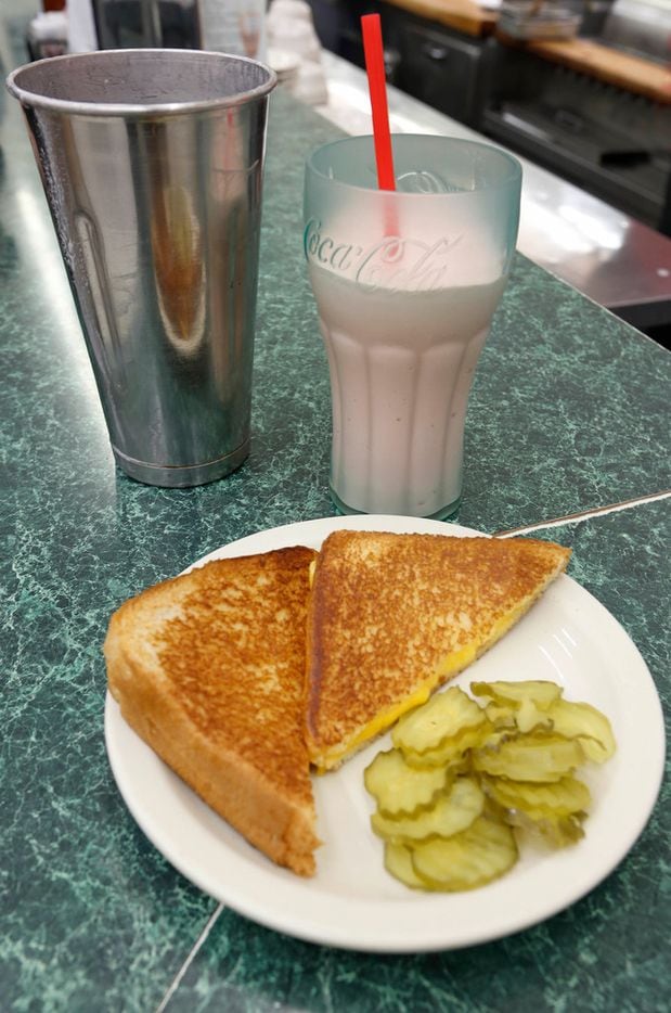 The classic grilled cheese sandwich with a handmade strawberry shake is one specialty...