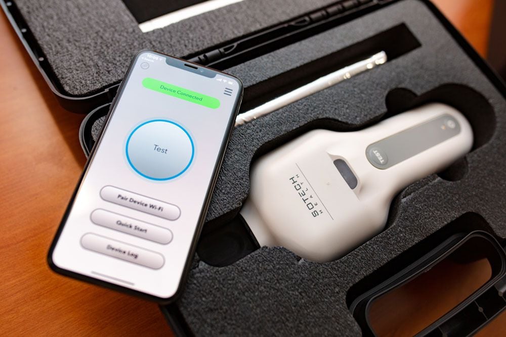 The rapid breath testing device developed by the Dallas-based biotech company SOTECH Health...