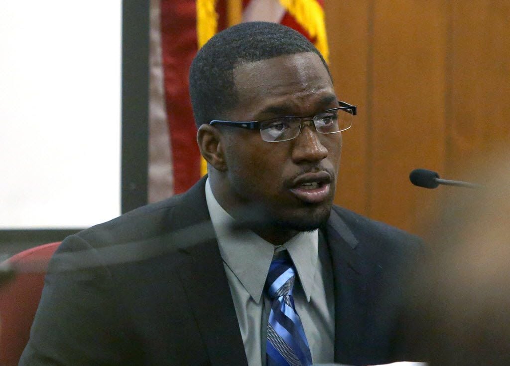 Sam Ukwuachu on the witness stand in his sexual assault trial in Waco on Aug. 20, 2015....
