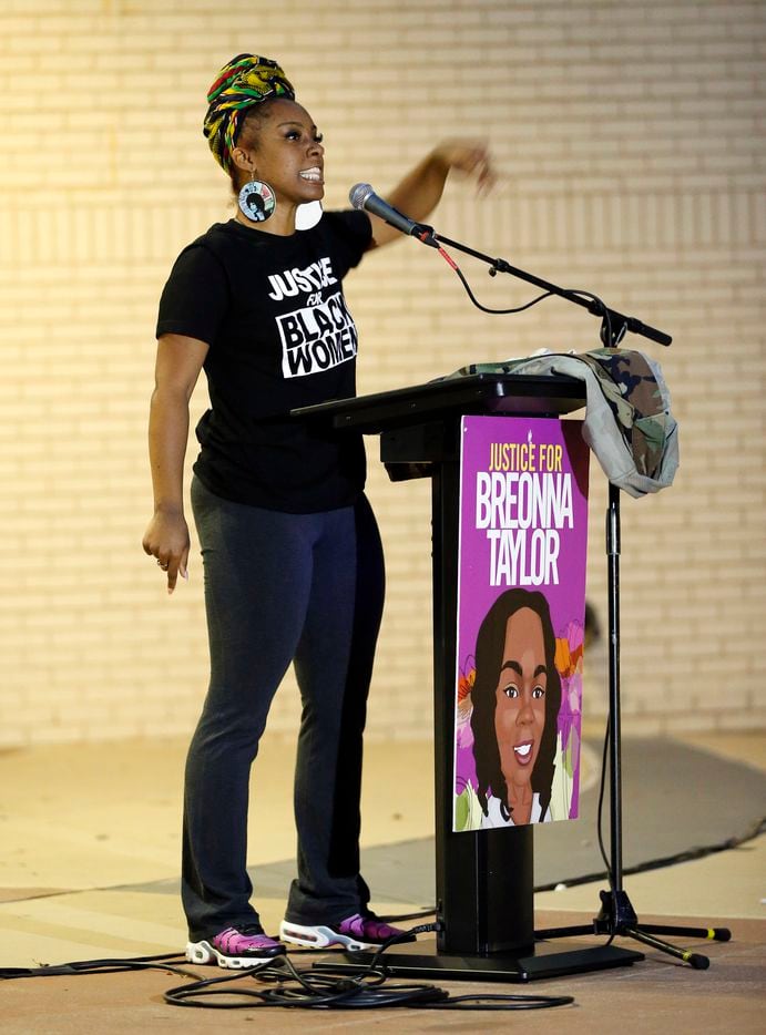 Lelani Russell delivers an emotional speech during a Next Generation Action Network protest outside of Dallas Police Headquarters in Dallas, Wednesday, September 23, 2020.  A Kentucky grand jury brought no charges against the Louisville police for the killing of Breonna Taylor during a drug raid gone wrong. (Tom Fox/The Dallas Morning News)