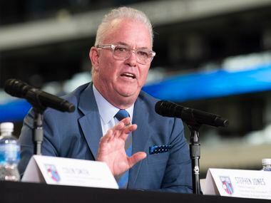 Dallas Cowboys Executive Vice President Stephen Jones, speaks during a press conference...