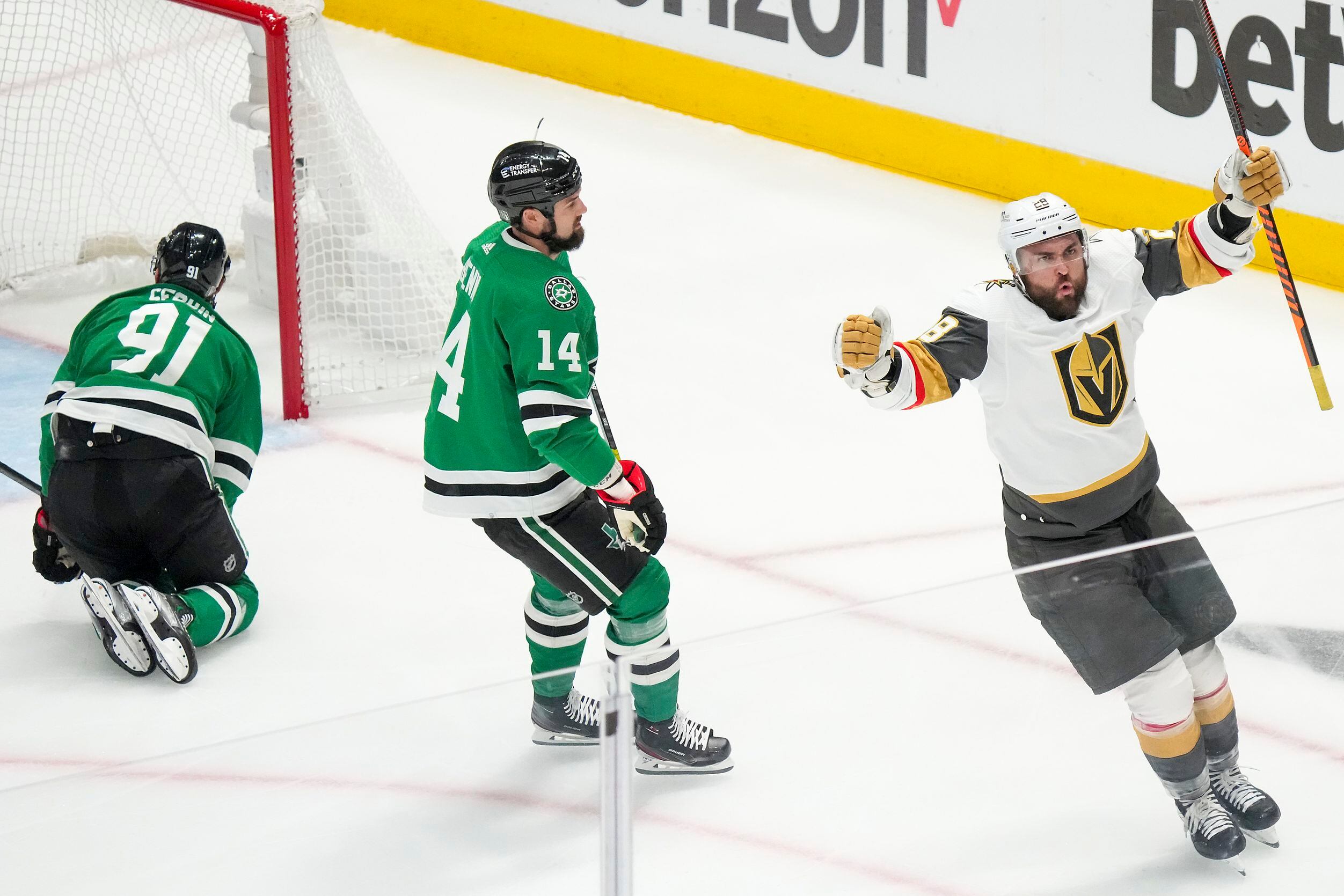 Vegas Golden Knights left wing William Carrier (28) celebrates past Dallas Stars left wing...