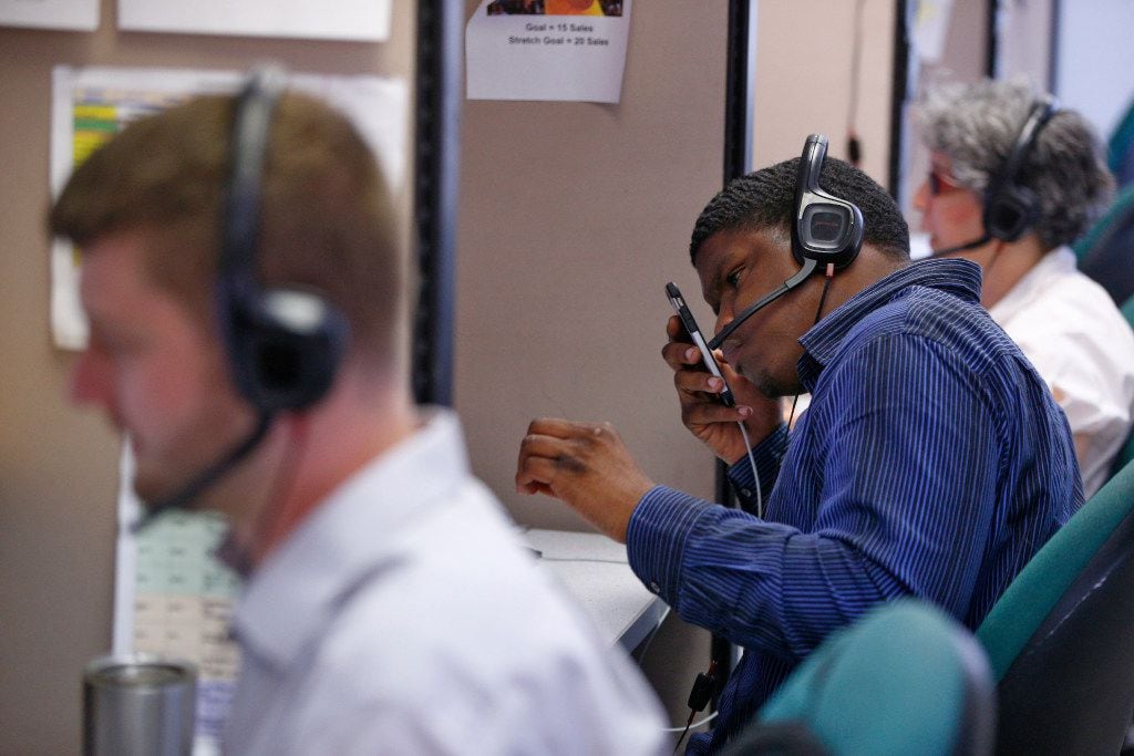 Alex Kamp, (from left) Steffan Williams and Gale Levitan work in the call center at Bold Sales Solutions, a subsidiary of Dallas Lighthouse for the Blind in Dallas on June 19, 2017.  (Nathan Hunsinger/The Dallas Morning News)