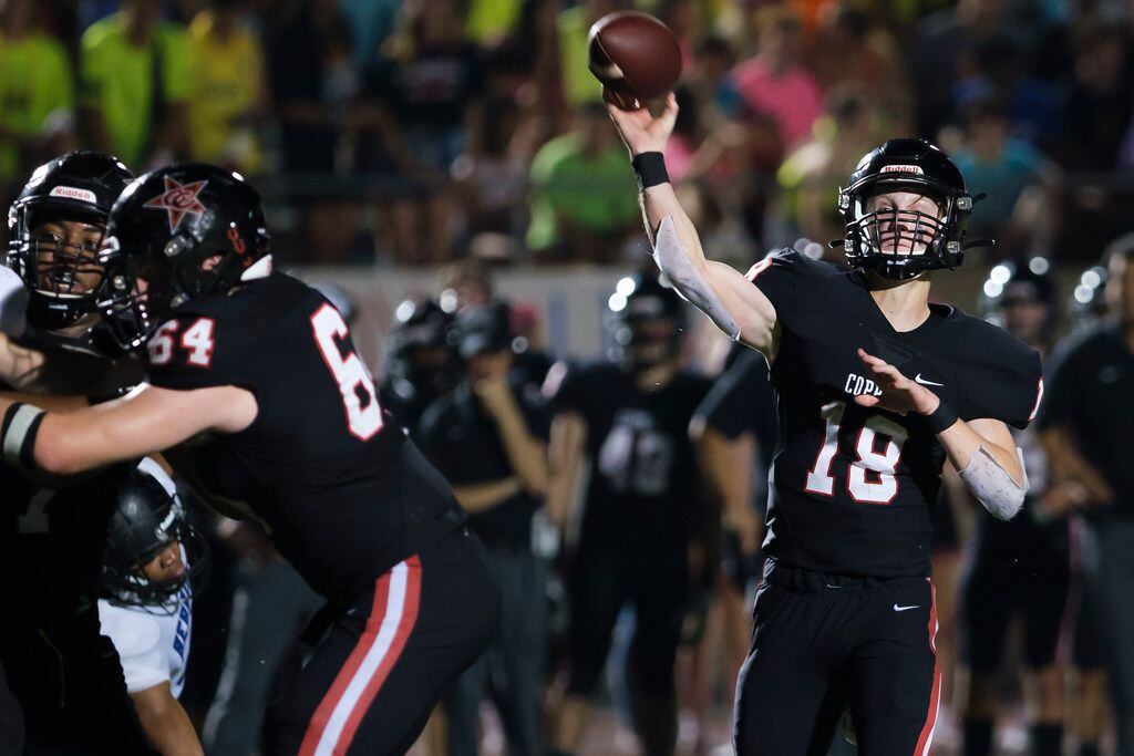 Coppell quarterback  Ryan Walker throws a touchdown pass to wide receiver Bishop Bell during...