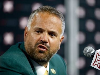 Baylor head football coach Matt Rhule talks with the media in a breakout session during Big 12 Media Days at Ford Center at The Star in Frisco, Texas, Tuesday, July 17, 2018. (Jae S. Lee/The Dallas Morning News)