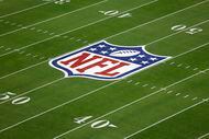 The NFL logo is seen during the NFL Super Bowl 58 football game Sunday, Feb. 11, 2024, in...