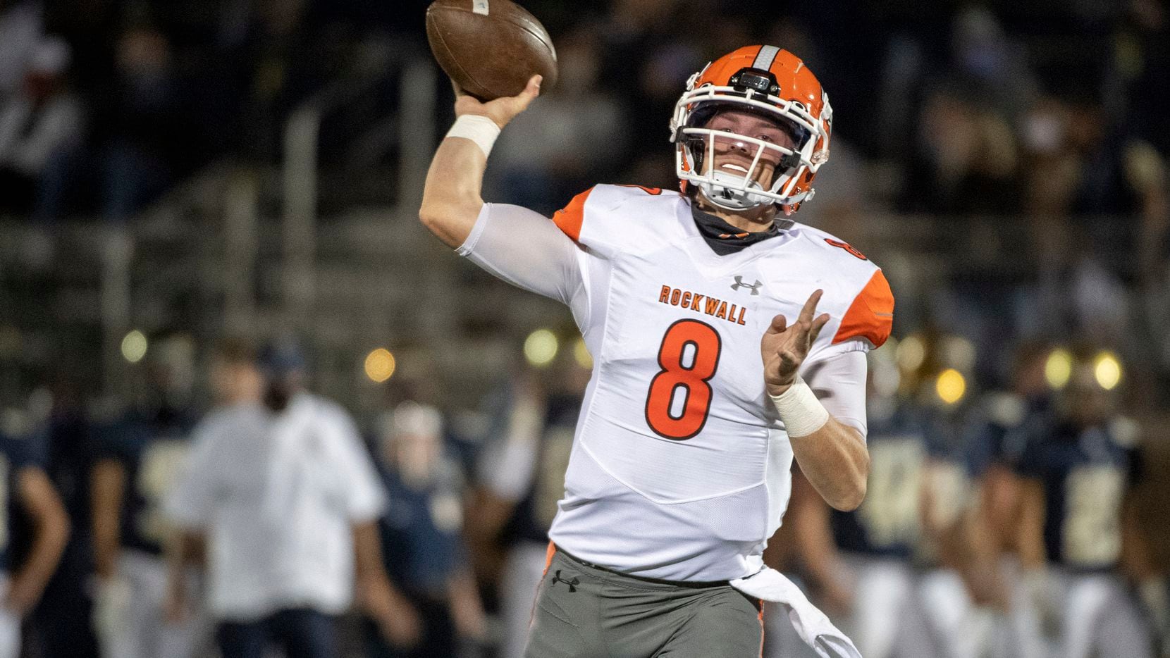 Rockwall junior quarterback Braedyn Locke (8) throws a pass during the second half of a high school football game against Jesuit on Friday, October 2, 2020 at Postell Stadium in Dallas. Rockwall won 60-38.