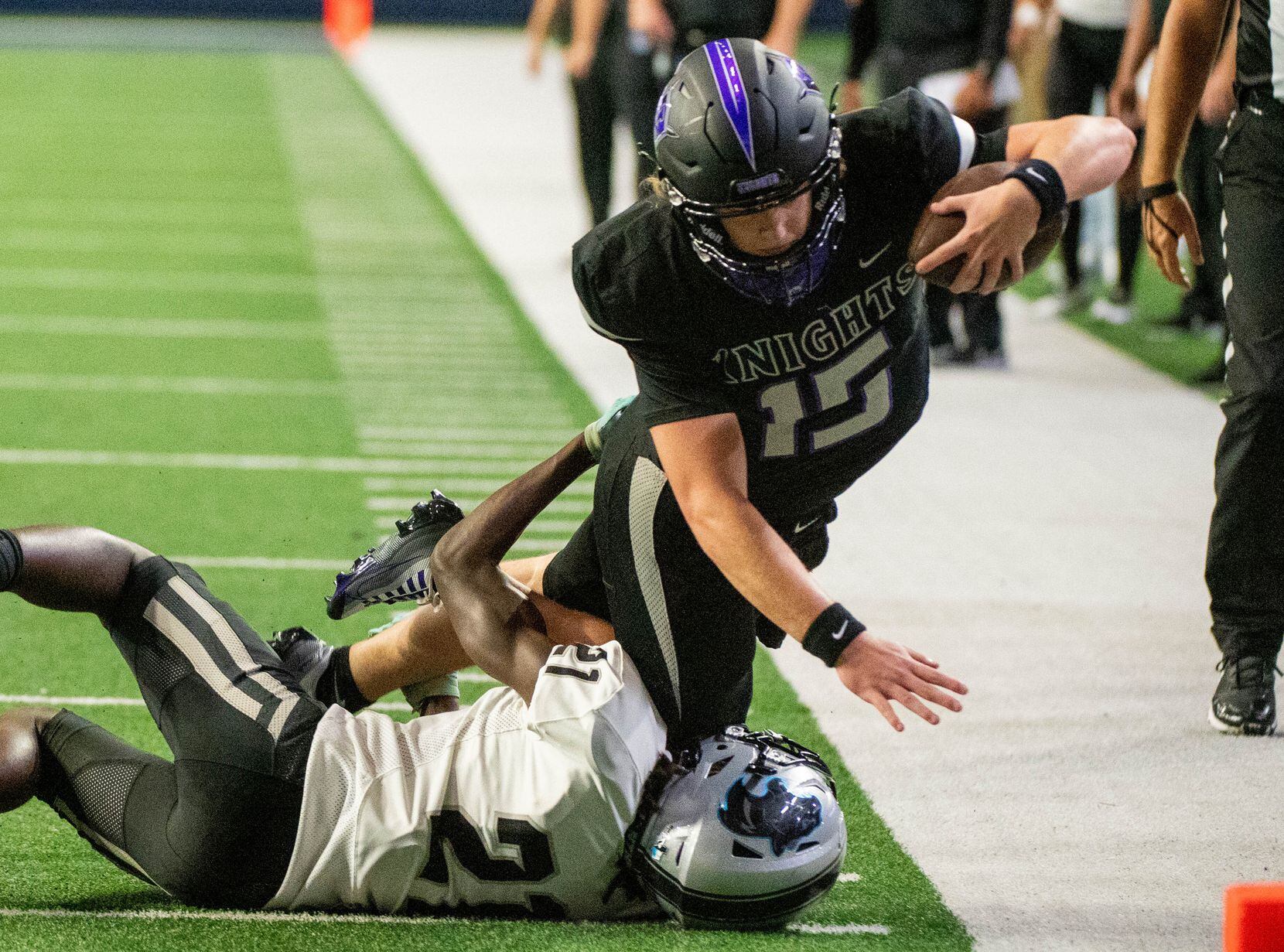 Panther Creek’s Donovan Webb (21) makes a tackle on Independence quarterback Matteo Quattrin...