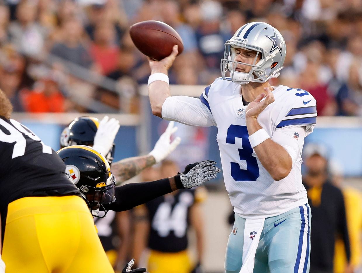 Dallas Cowboys quarterback Garrett Gilbert (3) releases a first quarter pass before being hit by a Pittsburgh Steelers defender during the first quarter of their preseason game at Tom Benson Hall of Fame Stadium in Canton, Ohio, Thursday, August 5, 2021. (Tom Fox/The Dallas Morning News)