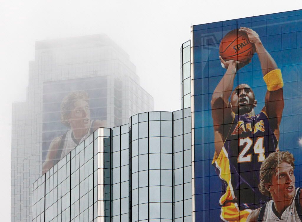 Thursday, February 4, 2010--- A giant hanging mural of Dallas Maverick Dirk Nowitzki...