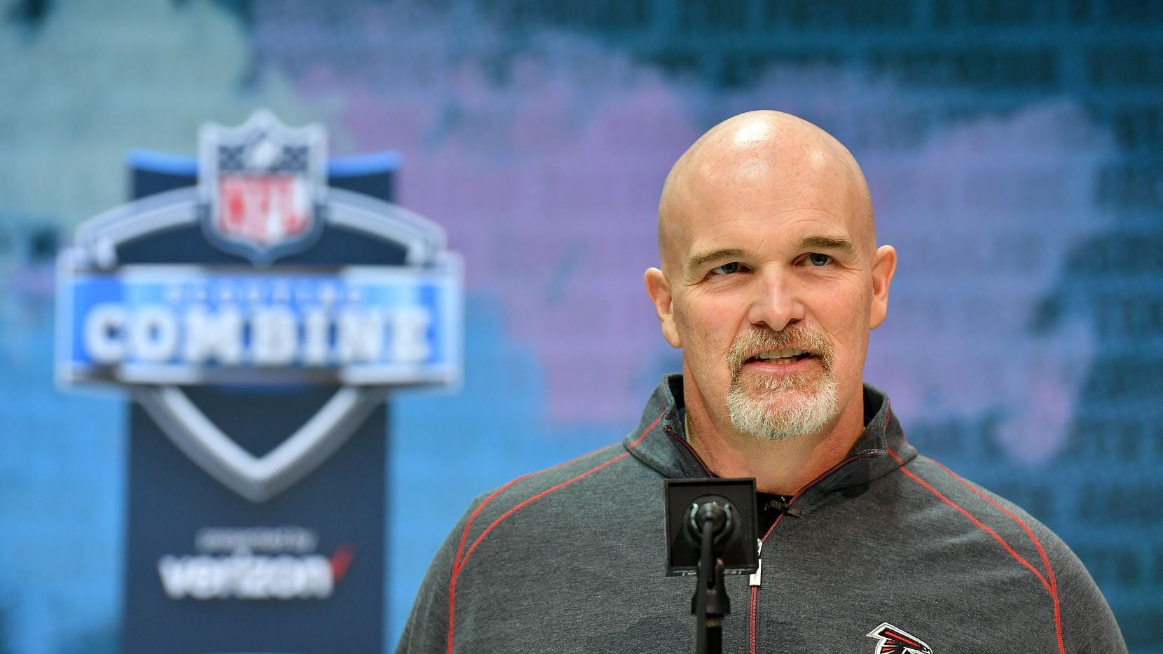 INDIANAPOLIS, INDIANA - FEBRUARY 25: Head coach Dan Quinn of the Atlanta Falcons interviews during the first day of the NFL Scouting Combine at Lucas Oil Stadium on February 25, 2020 in Indianapolis, Indiana.