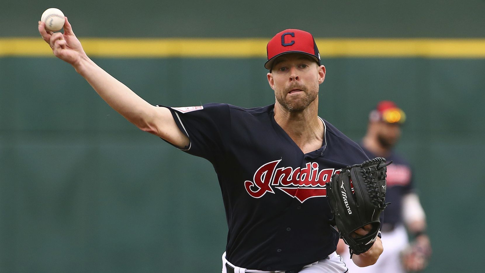 FILE - In this March 11, 2019, file photo, Cleveland Indians starting pitcher Corey Kluber...