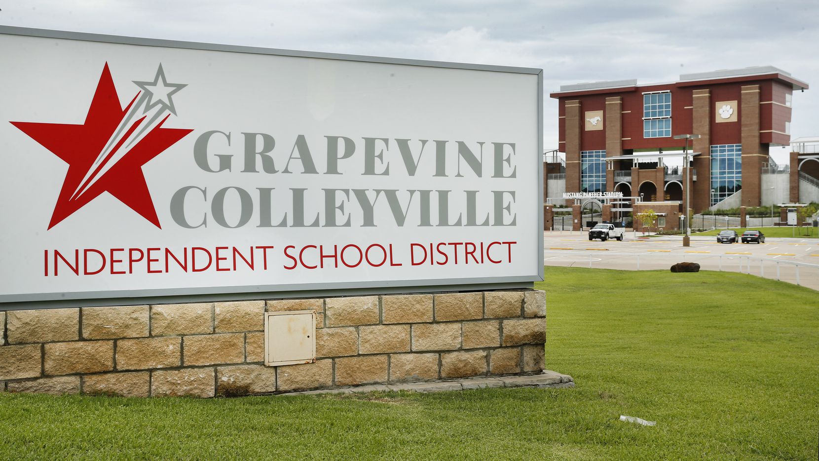 The Grapevine-Colleyville ISD sign is pictured before Mustang Panther Stadium in Grapevine, Texas, on June 23, 2020.