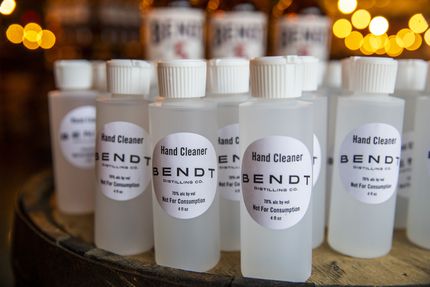 Bottles of hand cleaner at Bendt Distilling Co. in Lewisville (Lynda M. Gonzalez/Staff...