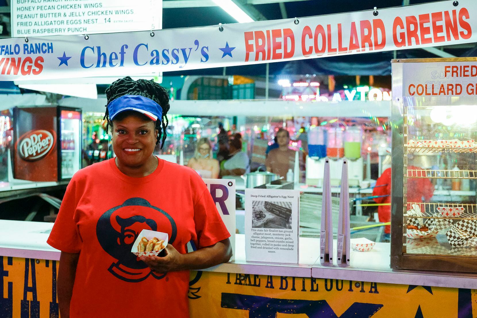 Chef Cassy Jones with her fried collard greens at the State Fair of Texas in 2021.
