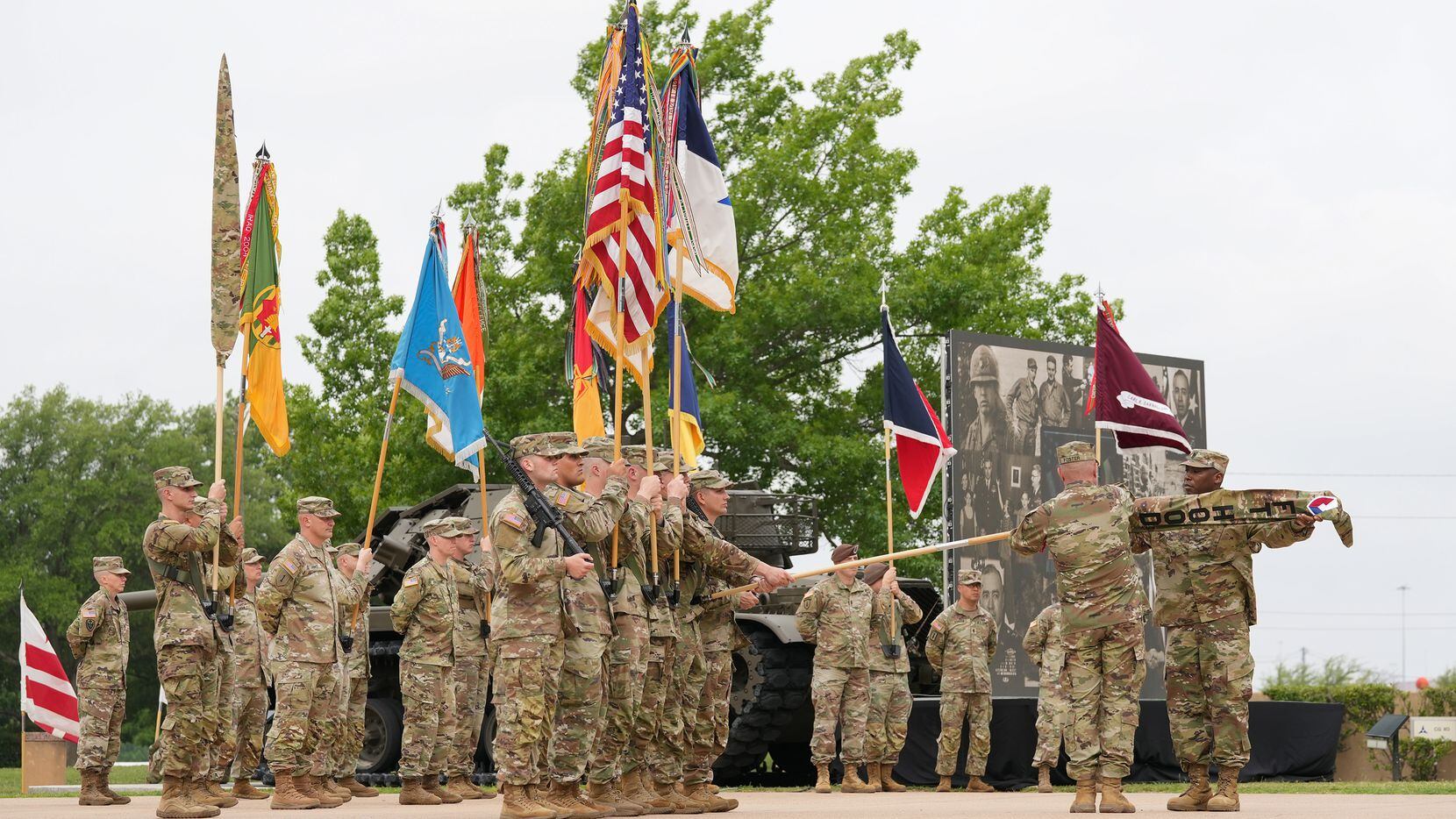 The honor guard cases the Fort Hood colors during the installation redesignation ceremony at...