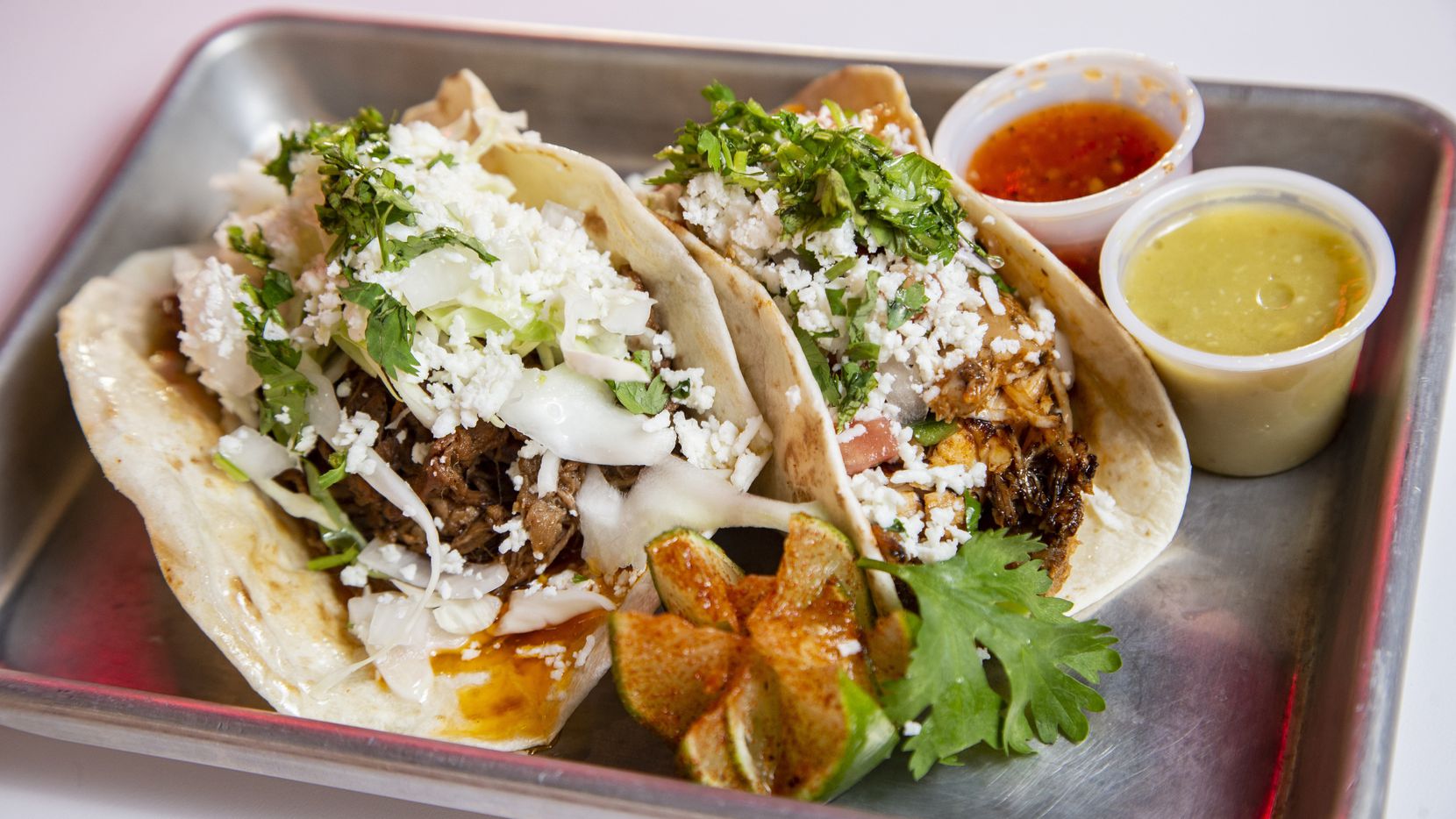 Brisket and chicken tacos at Taco Heads in Fort Worth, Monday, August 30, 2021. (Brandon...