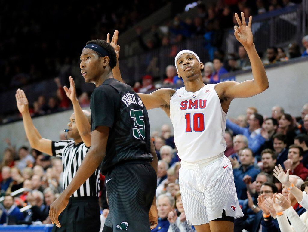 File - In this Feb. 15, 2017 photo, SMU guard Jarrey Foster (10) celebrates sinking a...