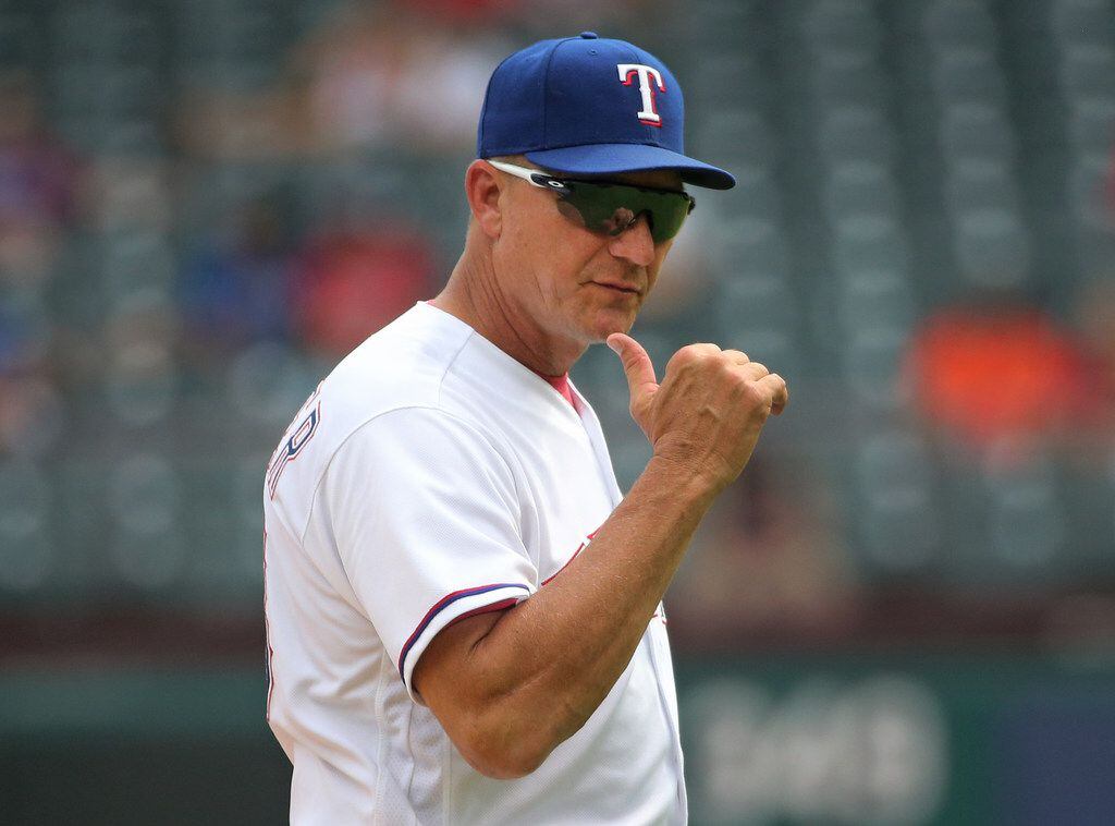 Texas Rangers manager Jeff Banister (28) is pictured during the Houston Astros vs. the Texas Rangers major league baseball game at Globe Life Park in Arlington, Texas on Wednesday, September 27, 2017. (Louis DeLuca/The Dallas Morning News)