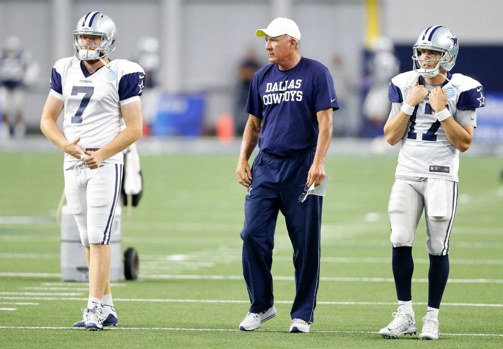 Dallas Cowboys quarterback Cooper Rush (7), Dallas Cowboys quarterbacks coach Wade Wilson...