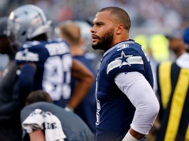 Dallas Cowboys quarterback Dak Prescott (4) is pictured on the sideline after not converting a third down against the New York Jets during the first half at MetLife Stadium in East Rutherford, New Jersey, Sunday, October 13, 2019.