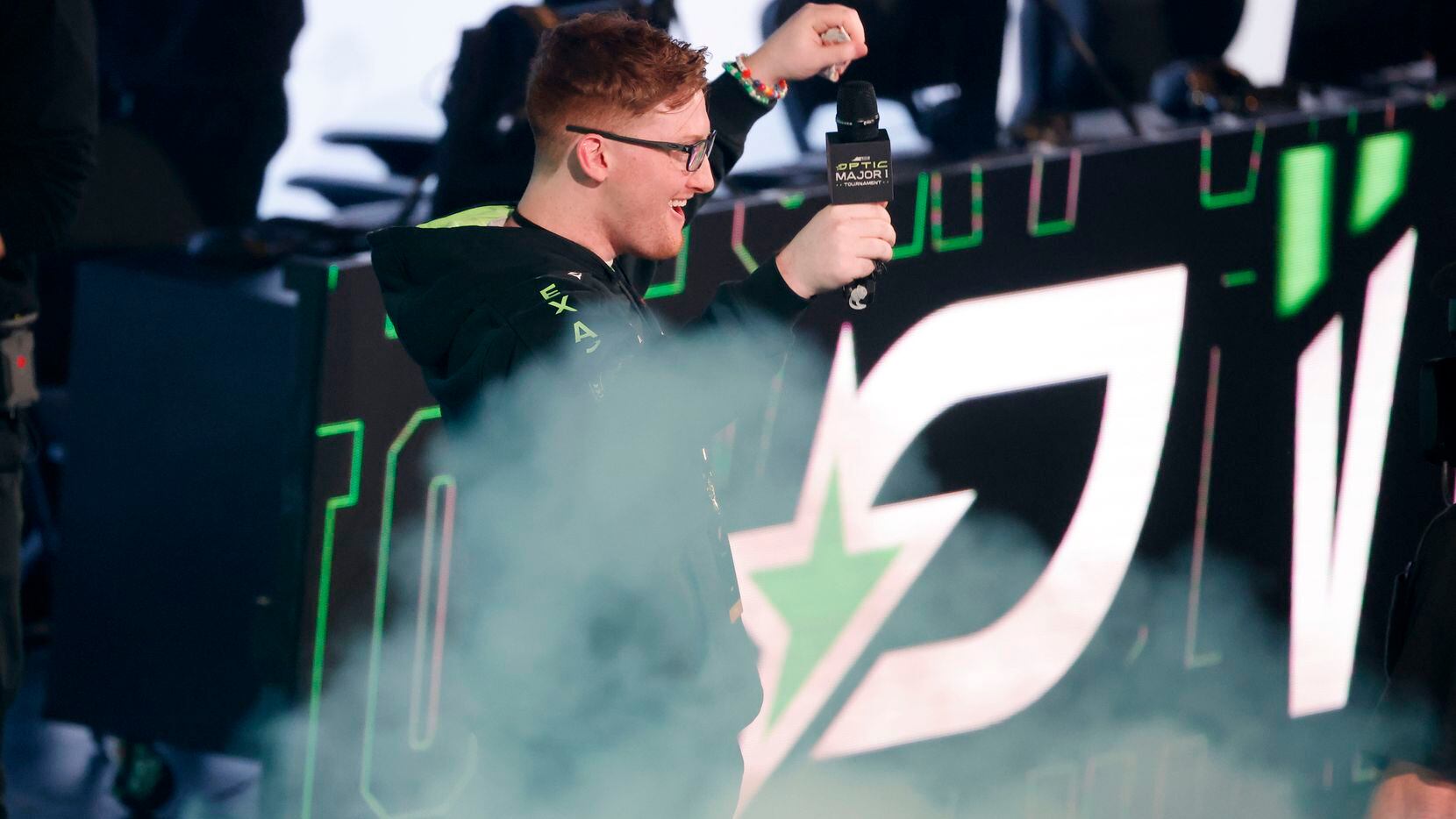OpTic Texas member Seth “Scump” Abner celebrates their victory over the  Seattle Sure during...