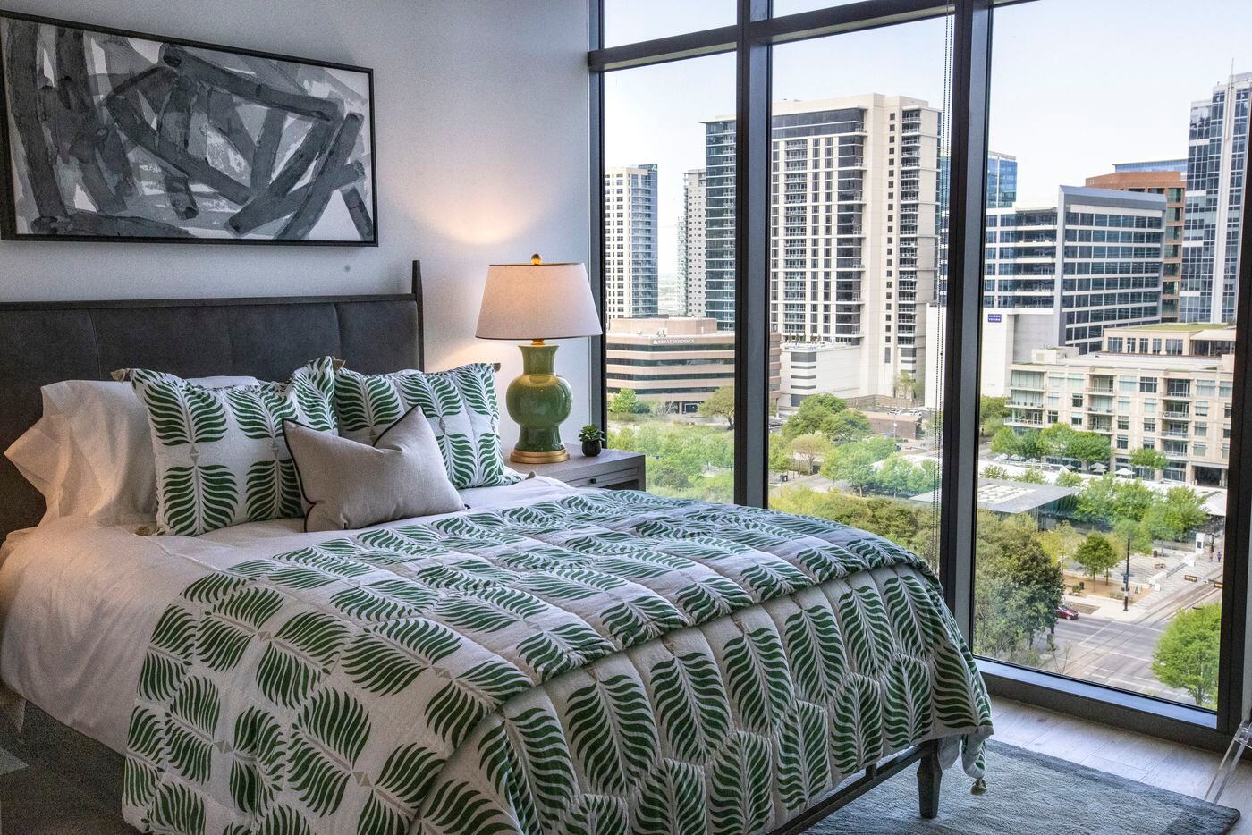 A bedroom at the Atelier, a 41-story luxury residential building in the heart of the Dallas...
