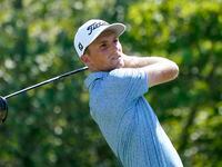 Will Zalatoris watches his shot on the 18th tee during the third round of the St. Jude...