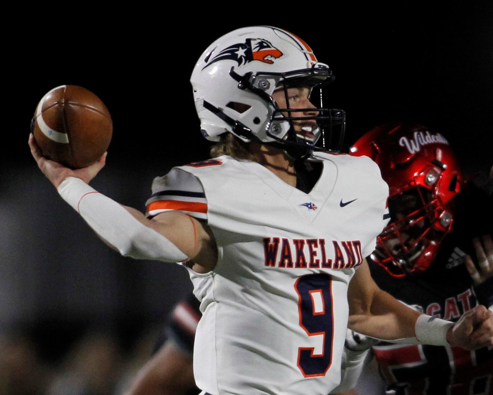 Frisco Wakeland receiver Brennan Myer (9) launches a pass downfield during 2nd quarter...