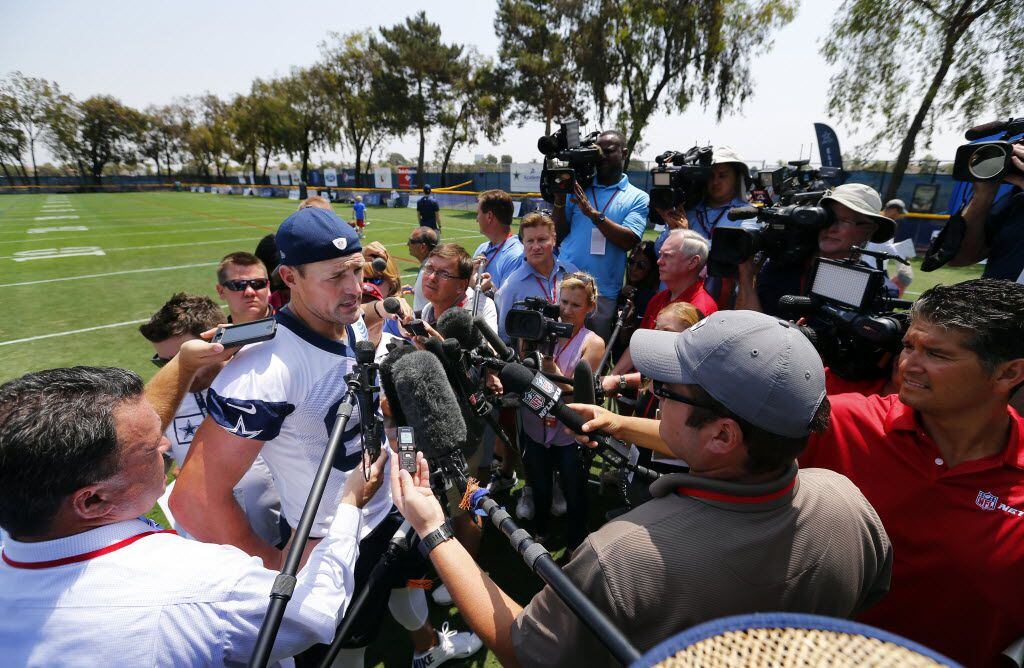 Dallas Cowboys tight end Jason Witten (82) visits with the media following the morning...