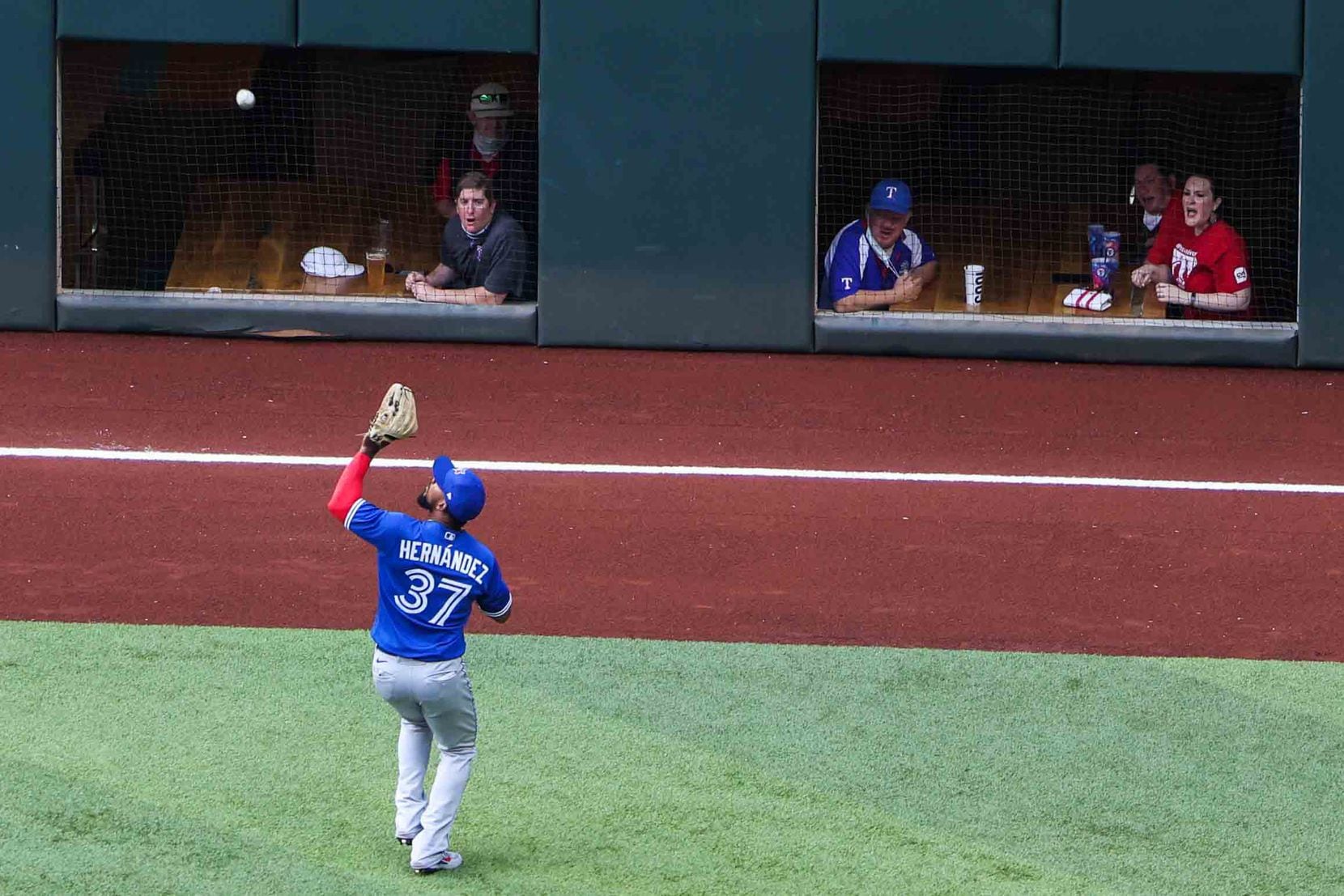 Toronto Blue Jays' outfielder Teoscar Hernandez No. 37 catches a fly ball at the Globe Life Field during opening against Texas Rangers day in Arlington, Texas on Monday, April 5, 2021. (Lola Gomez/The Dallas Morning News)
