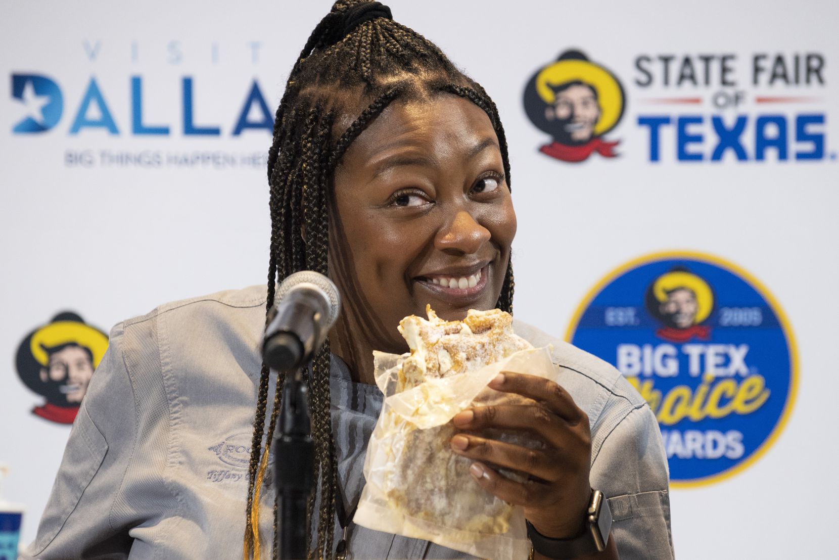 Judge and Dallas chef Tiffany Derry reacts as she holds The Armadillo during the Big Tex...