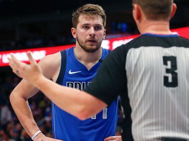 Dallas Mavericks forward Luka Doncic (77) argues a call with referee Nick Buchert (3) during the second half of an NBA matchup between the Dallas Mavericks and the Chicago Bulls on Monday, Jan. 6, 2019 at American Airlines Center in Dallas. (Ryan Michalesko/The Dallas Morning News)