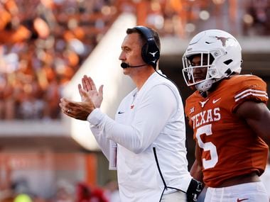 Texas Longhorns head coach Steve Sarkisian applauds his players as they faced the Louisiana-Lafayette Ragin Cajuns during the second half at DKR-Texas Memorial Stadium in Austin, Saturday, September 4, 2021.