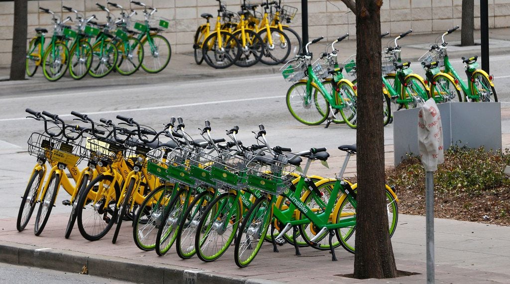 Rental bicycle lined up neatly in rows in downtown Dallas on Jan. 19, 2018. 