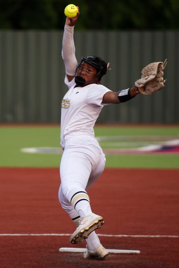 The Colony’s Tamya Waiters (24) delivers a pitch during game two of the Class 5A Softball...