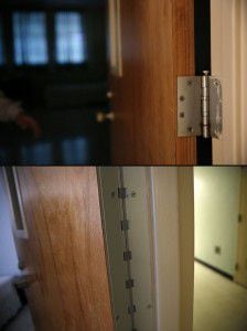 Top: A door hinge at the Terrell State Hospital, which poses a ligature risk. Bottom:...