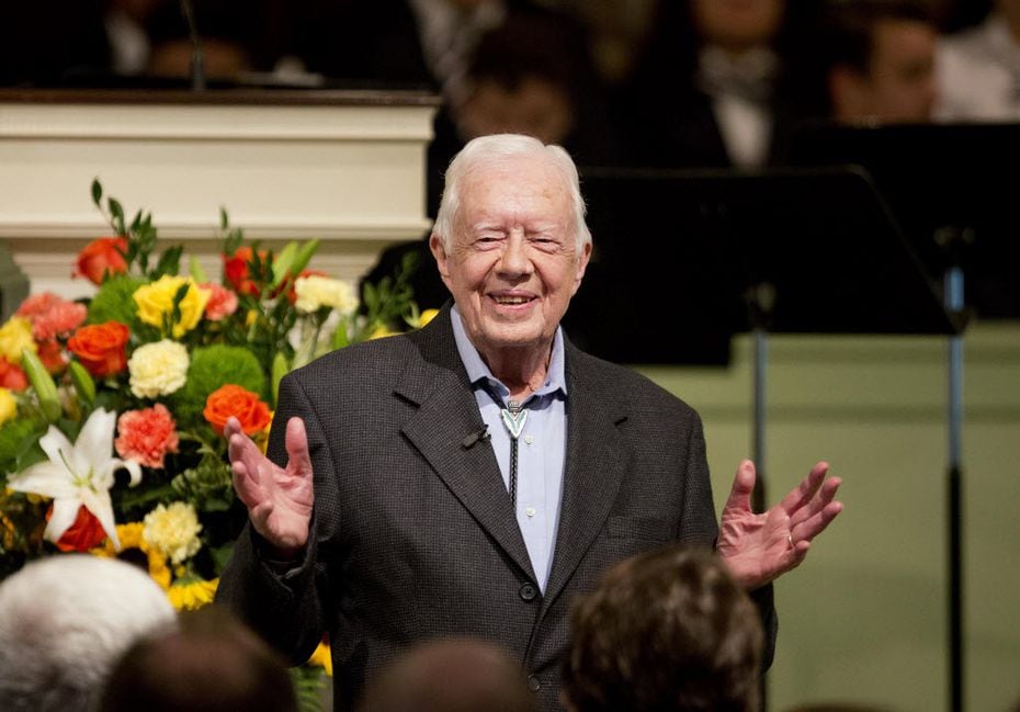 In this Aug. 23, 2015 file photo, former President Jimmy Carter teaches Sunday School class...