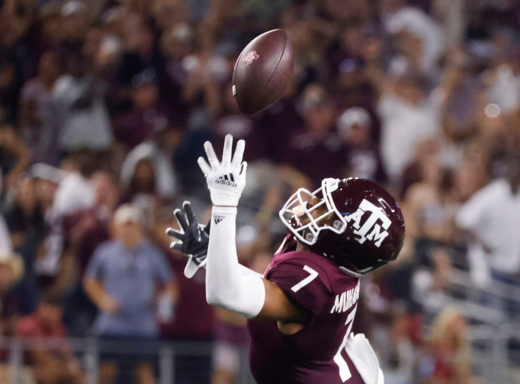 Texas A&M wide receiver Moose Muhammad III misses a pass against Arkansas during the second...