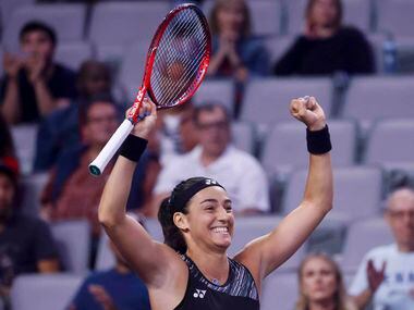 Caroline Garcia of France celebrates after winning her match against Coco Gauff of the USA...